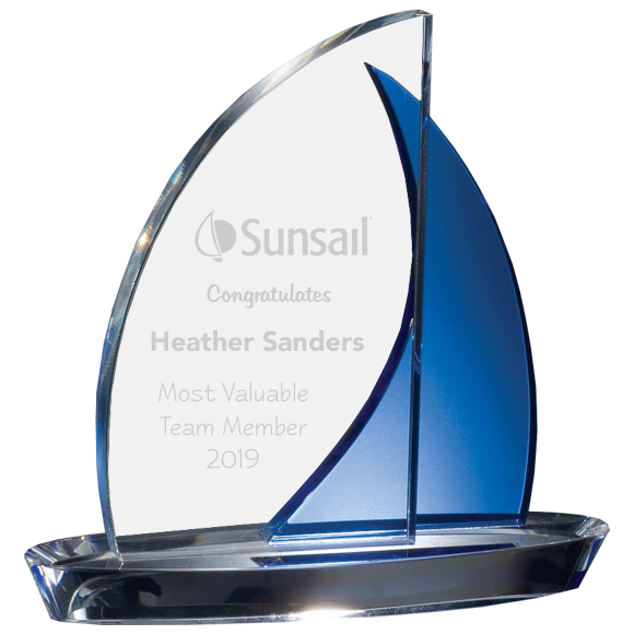 Blue Crystal Sailboat Award Glass Sail Boat Statue Paradise Awards