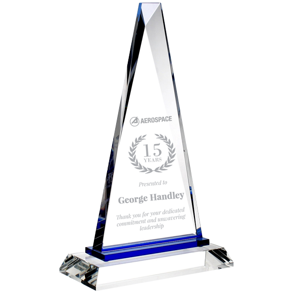 Blue Crystal Paramount Gem Award Engraved Glass Triangle Peak Statue Paradise Awards